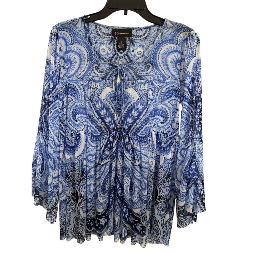 Fairy Grunge Sheer Blue Paisley Bell Sleeve Top Small Western Boho Rodeo Hippie